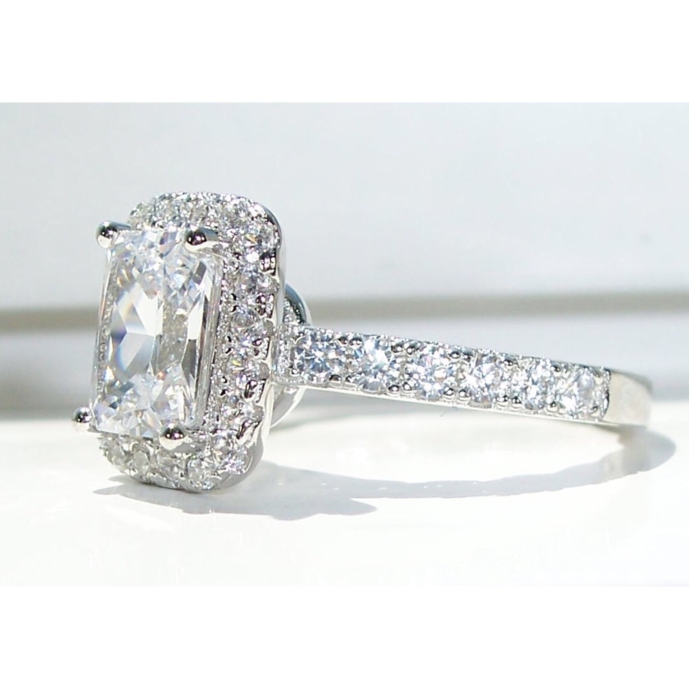 925 STERLING SILVER Radiant Cut Clear Cubic Zirconia Halo Ring - Picture 4 of 16